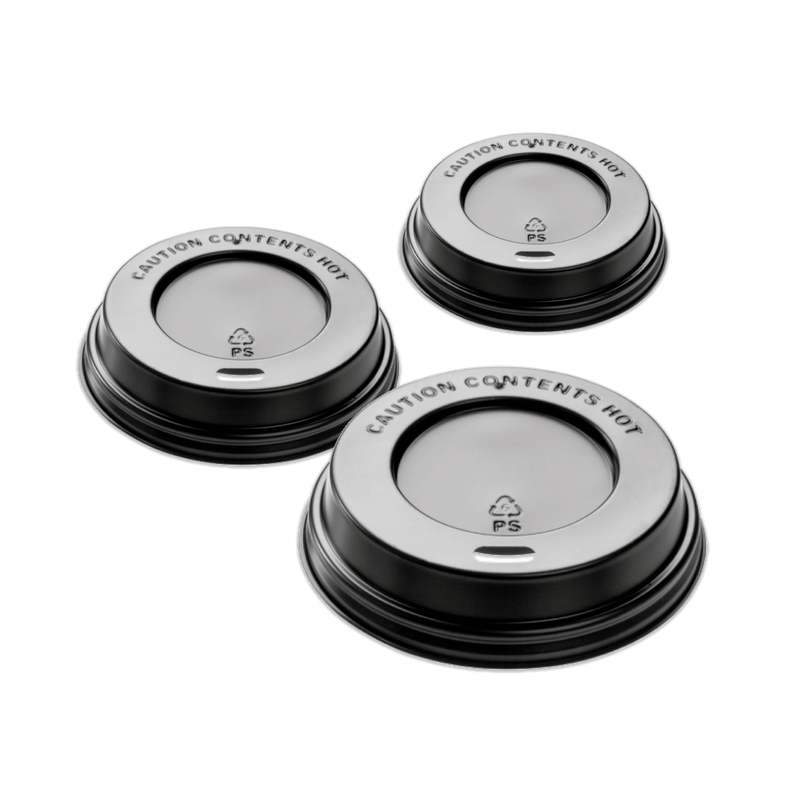 Coperchi in plastica neri con beccuccio per bicchieri in cartoncino